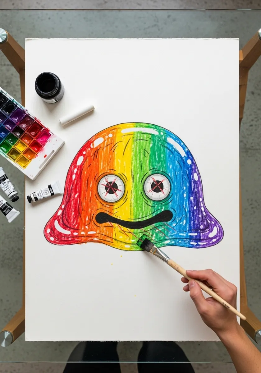 Rainbow slime in marker with an asymmetric expression and one raised eyebrow