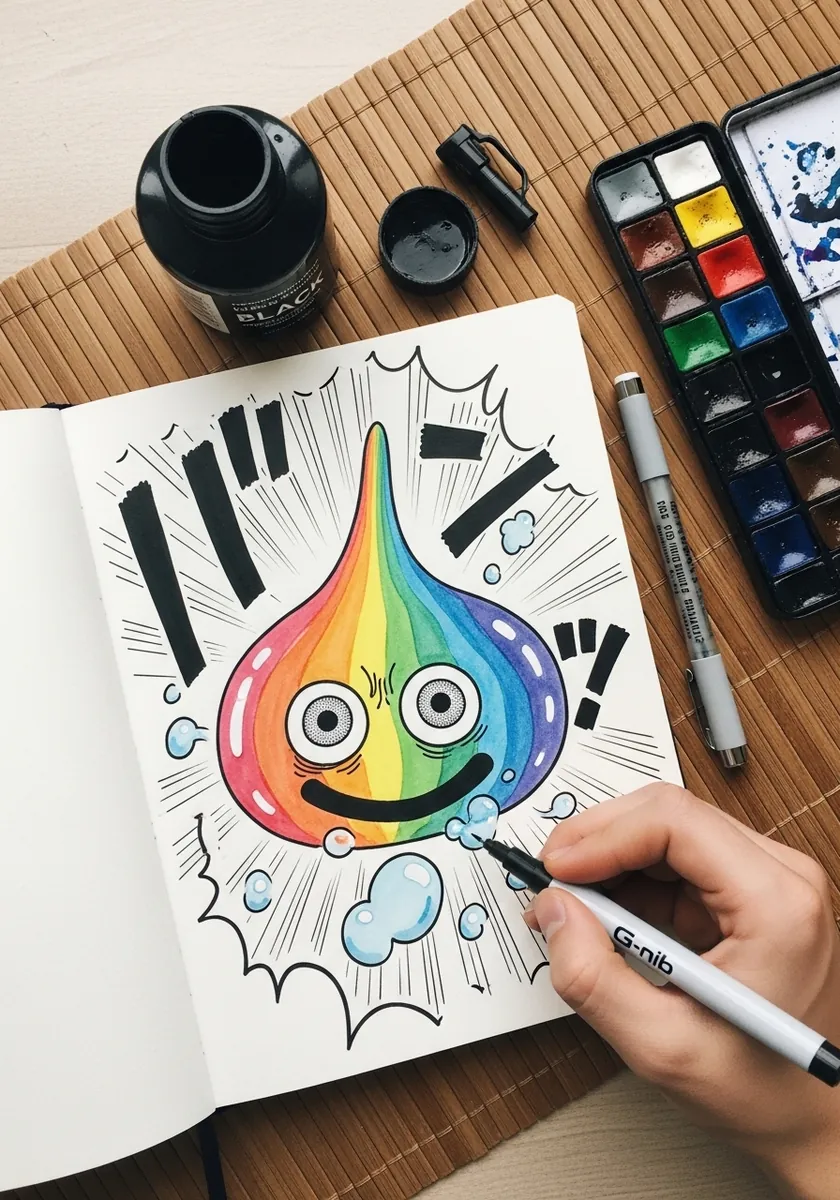 Rainbow slime inside a comic panel with bold speech lines and impact marks