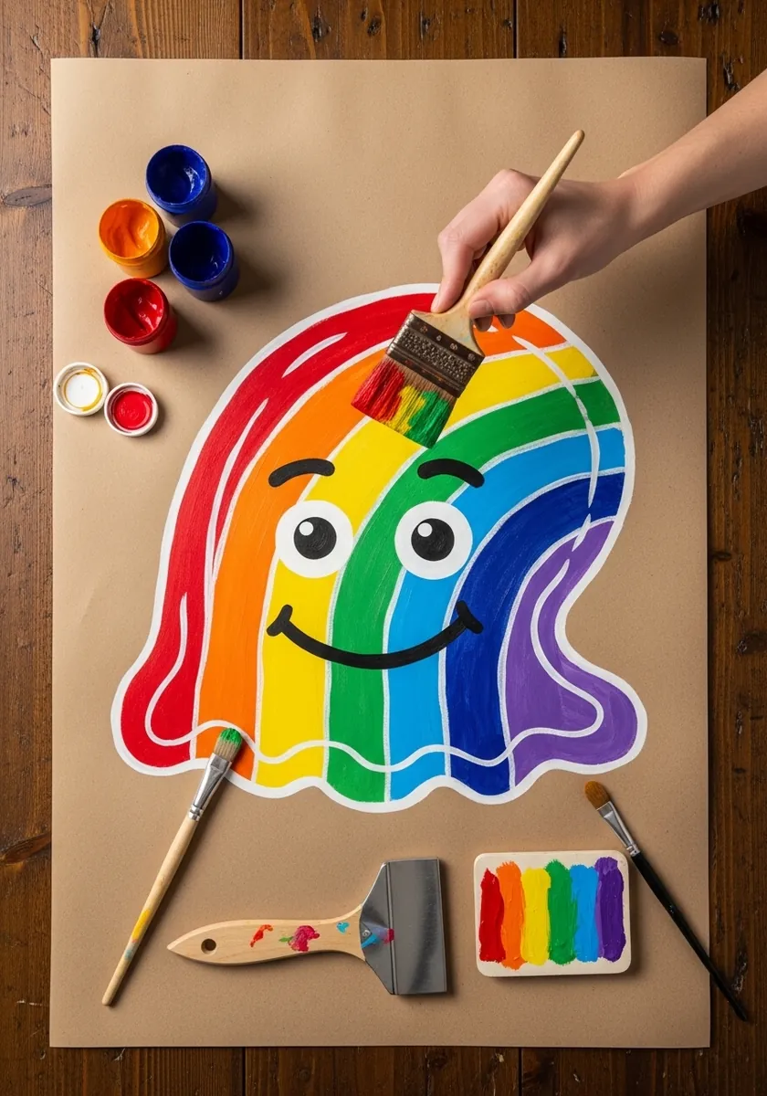 Flat rainbow slime shape cut from paper and mounted on brown kraft board