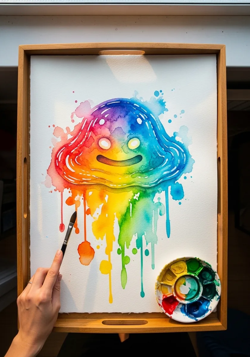 Loose watercolor rainbow slime with running drips and splashed color below