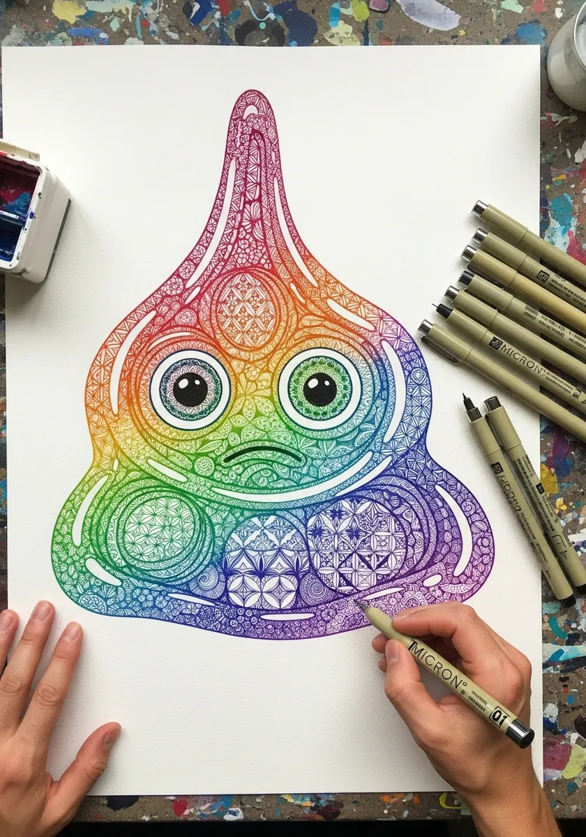 Pastel rainbow slime filled with intricate zentangle patterns in fine liner