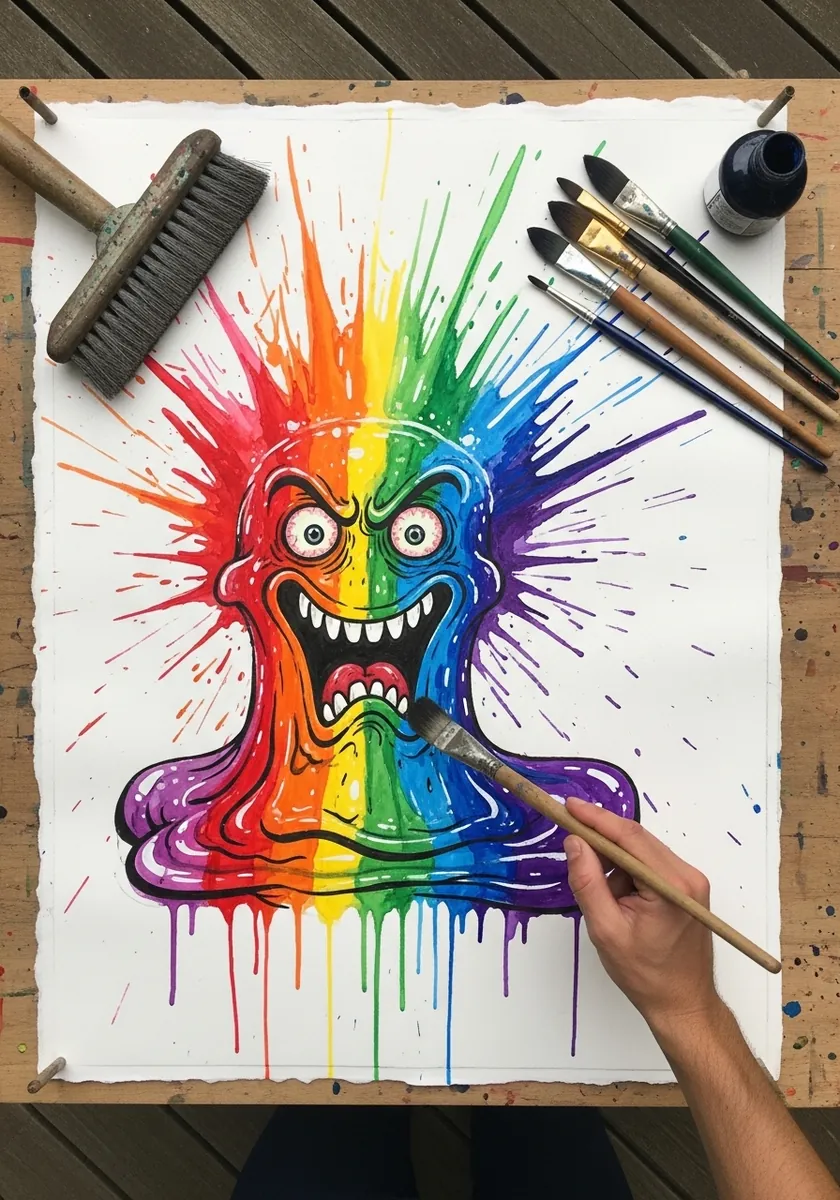 Wild rainbow slime monster with a toothy grin and dramatic paint splatter