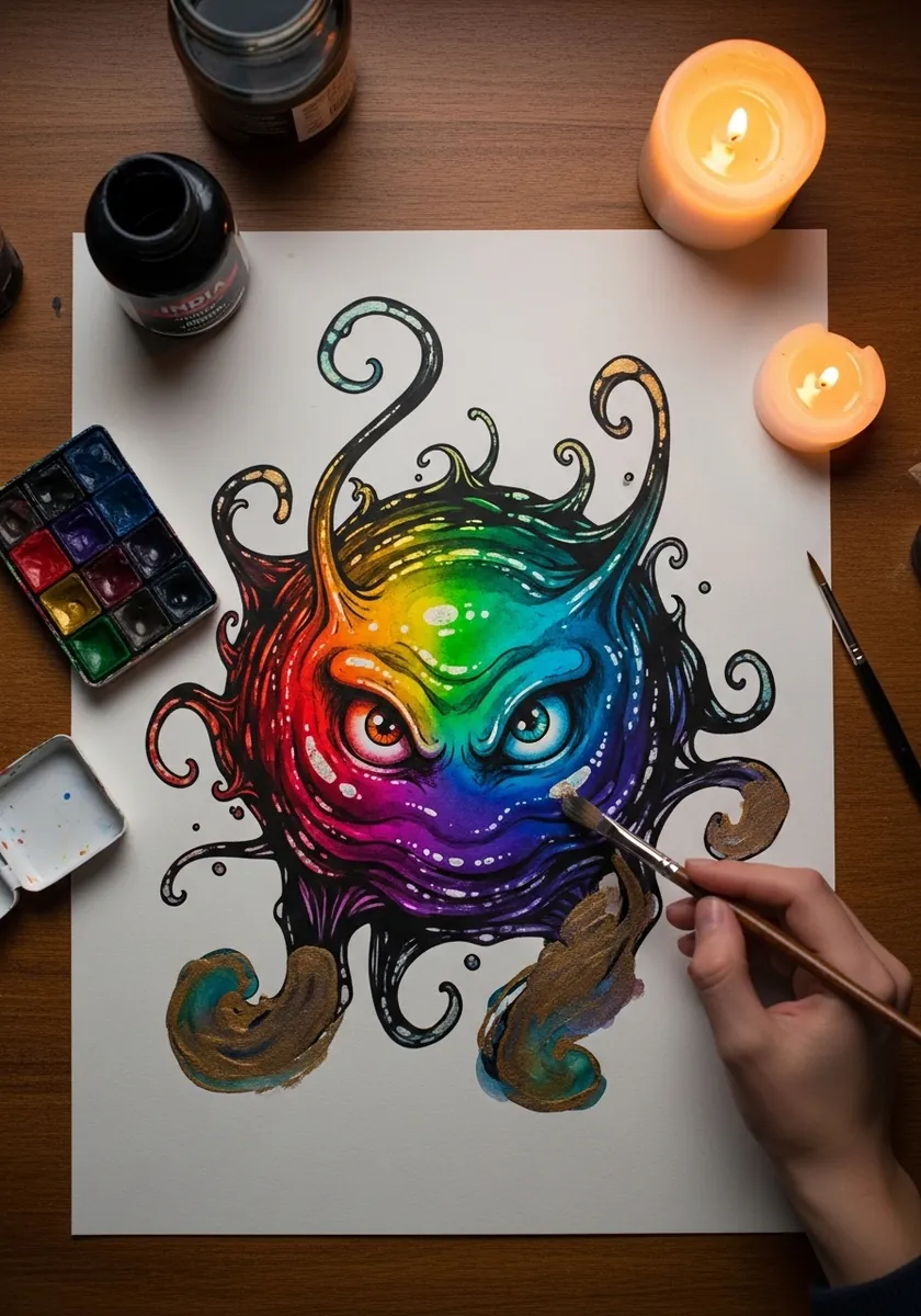 Dark ornate rainbow slime with decorative curling tentacles in candlelight