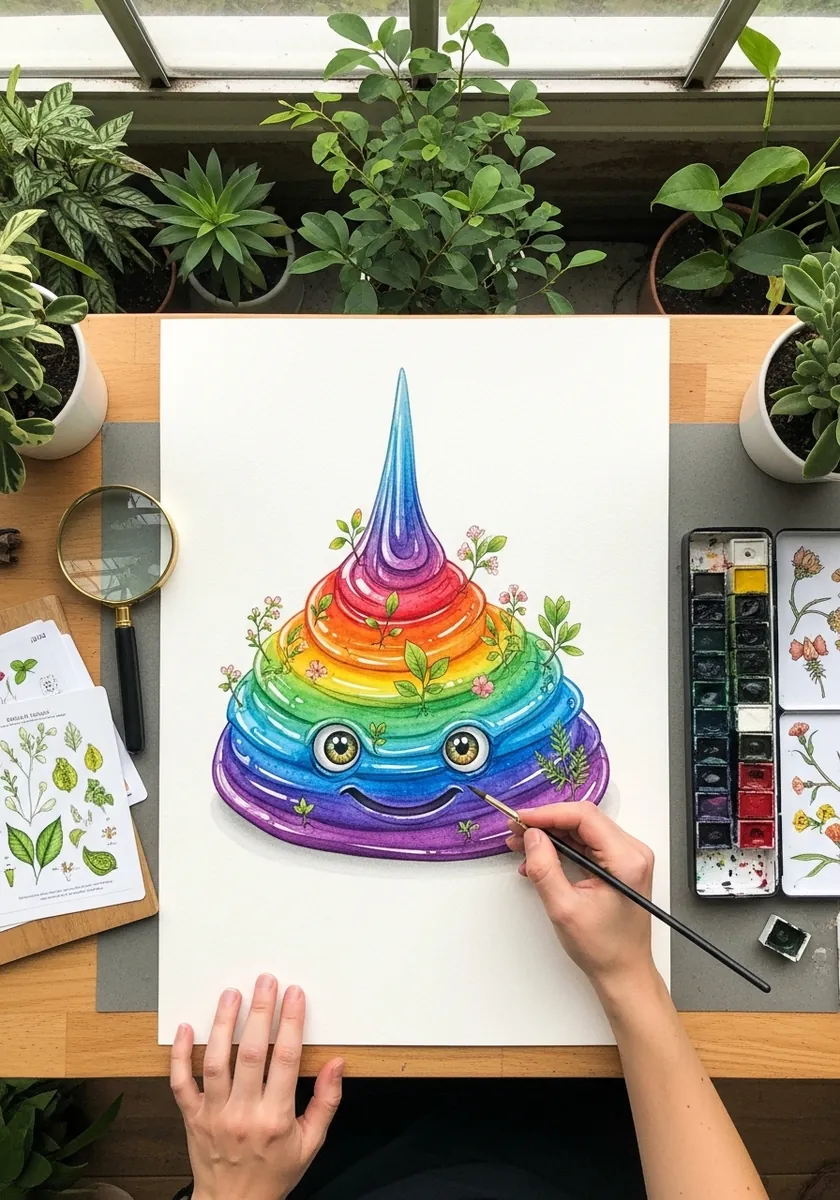 Tall peaked rainbow slime surrounded by small painted botanical sprigs