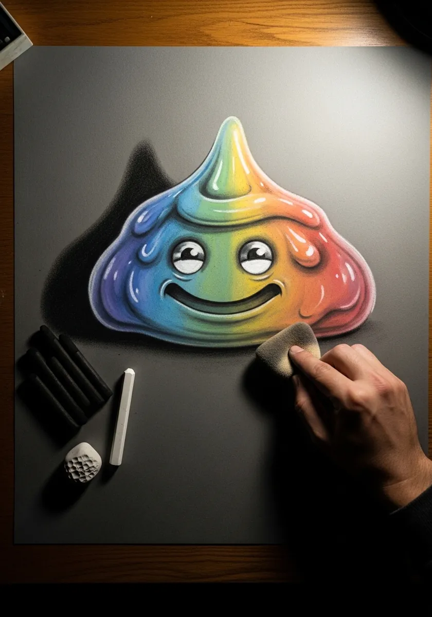 Smoothly shaded rainbow slime on a gray surface casting a soft cast shadow