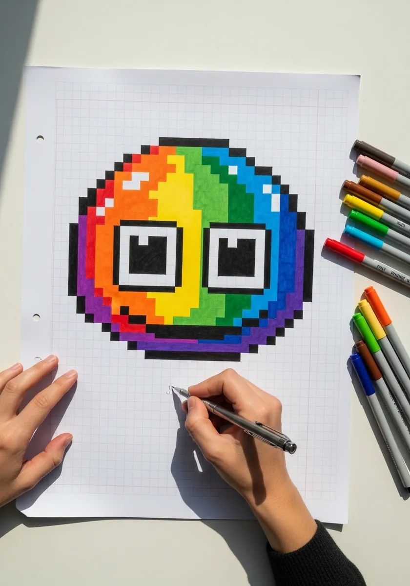 Rainbow pixel art slime with square eyes drawn on graph paper with markers