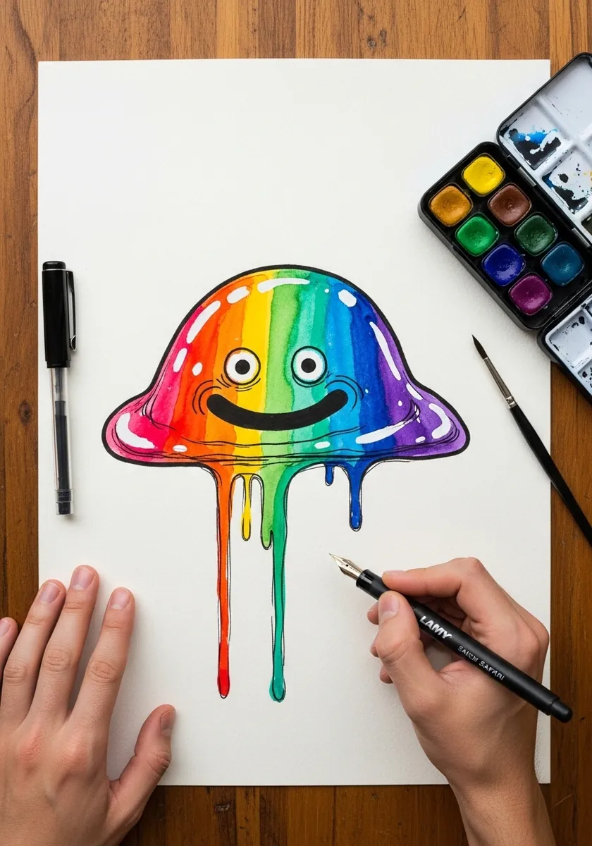 Vivid rainbow slime with a high gloss shine and long colorful drips beneath