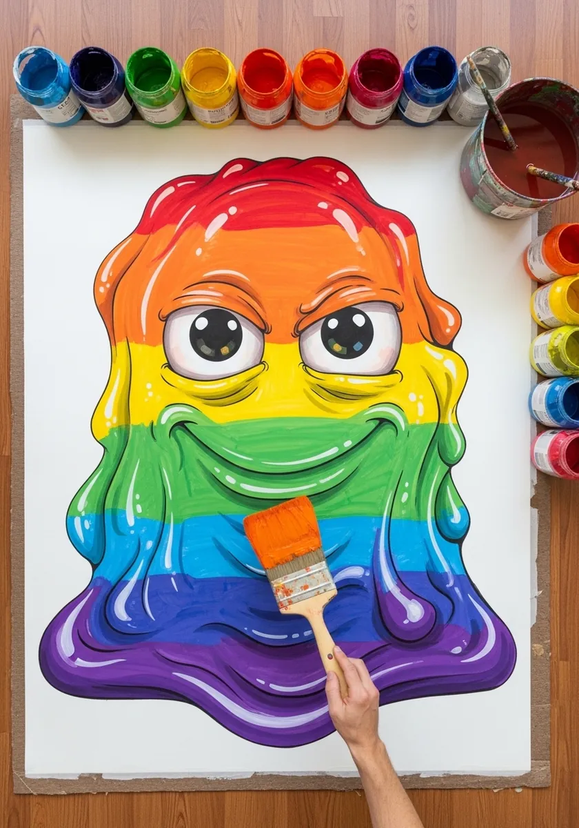 Rainbow slime painted in thick impasto strokes with a wide brush and texture