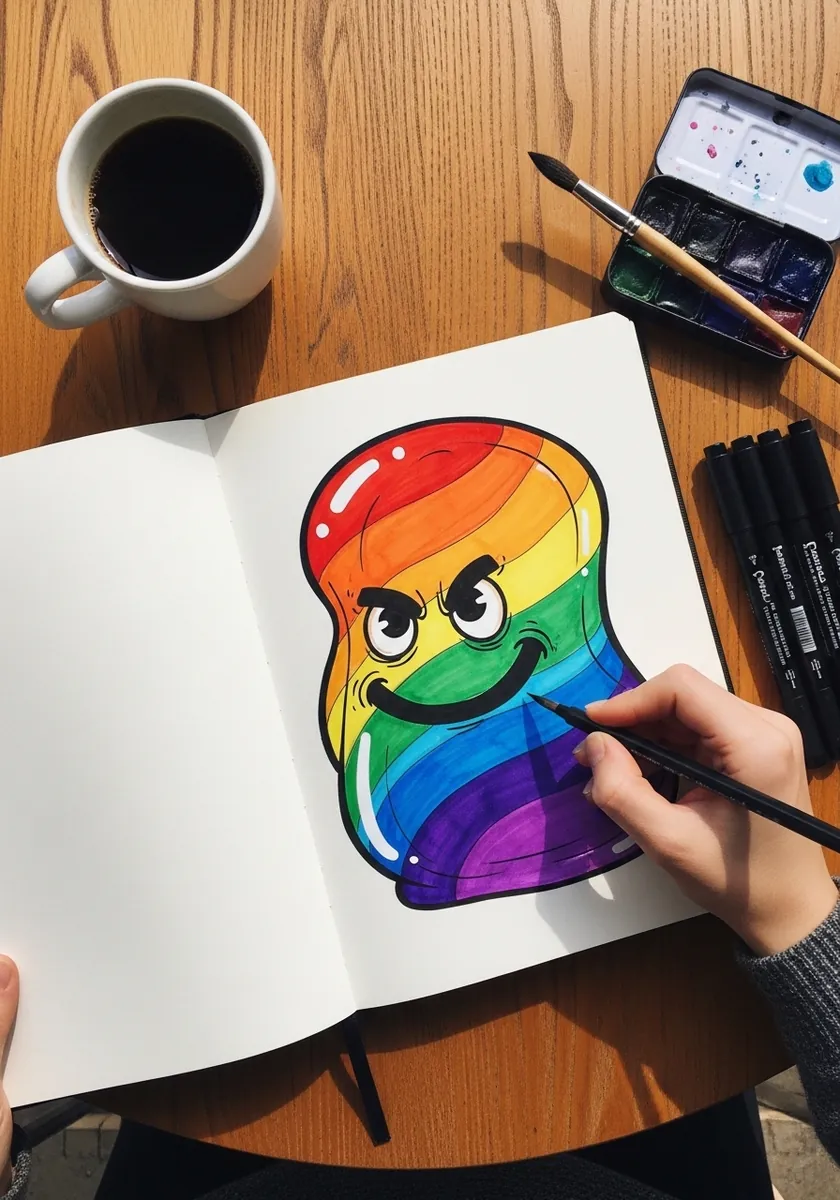 Rainbow slime with a heavy black outline drawn across an open sketchbook spread