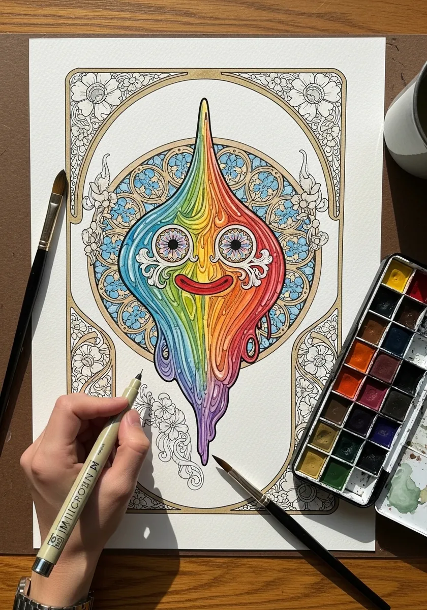 Rainbow slime inside an ornate art nouveau border with fine decorative linework