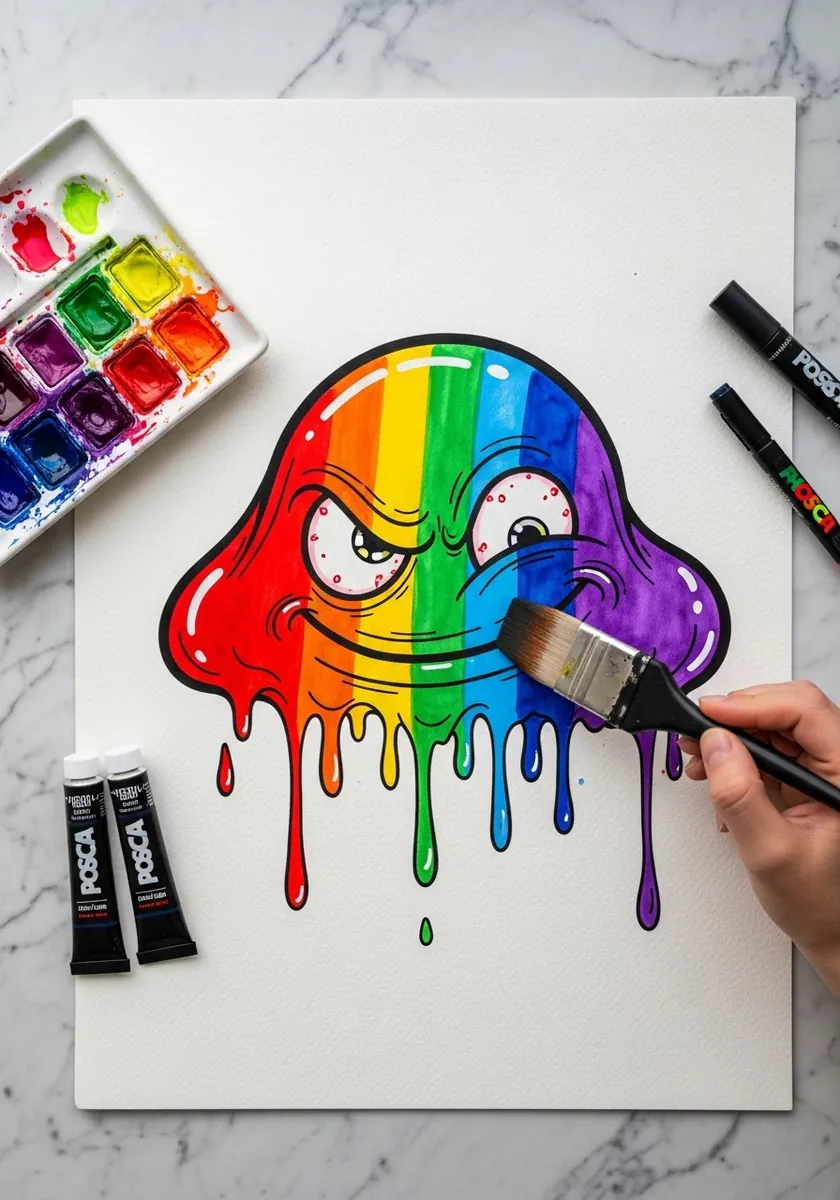 Bold outlined rainbow slime with thick paint drips running off the bottom edge