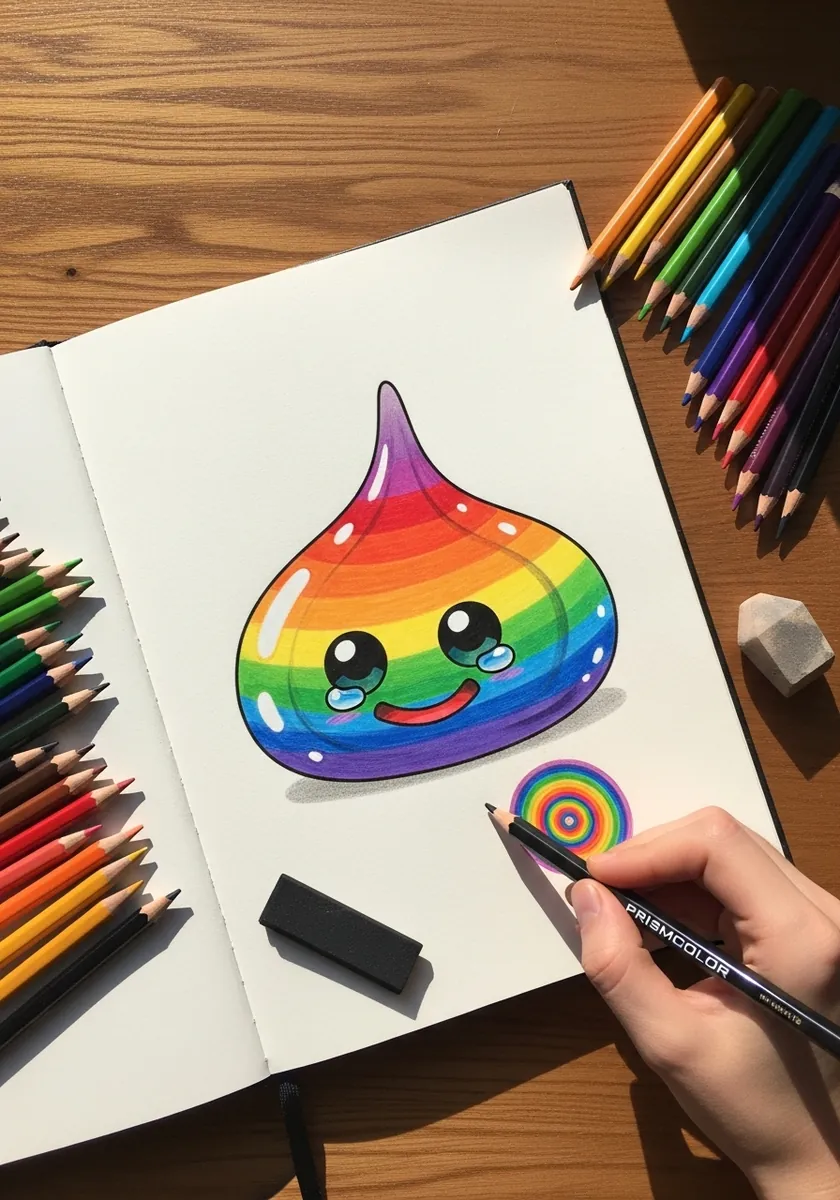 Rounded rainbow slime with friendly eyes drawn in colored pencil in a sketchbook