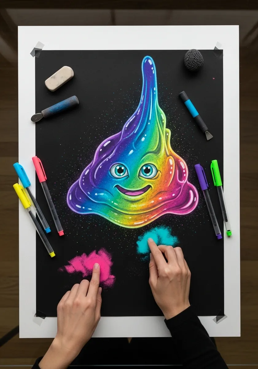 Bright neon rainbow slime drawn with chalk pastel on black paper with sparkle