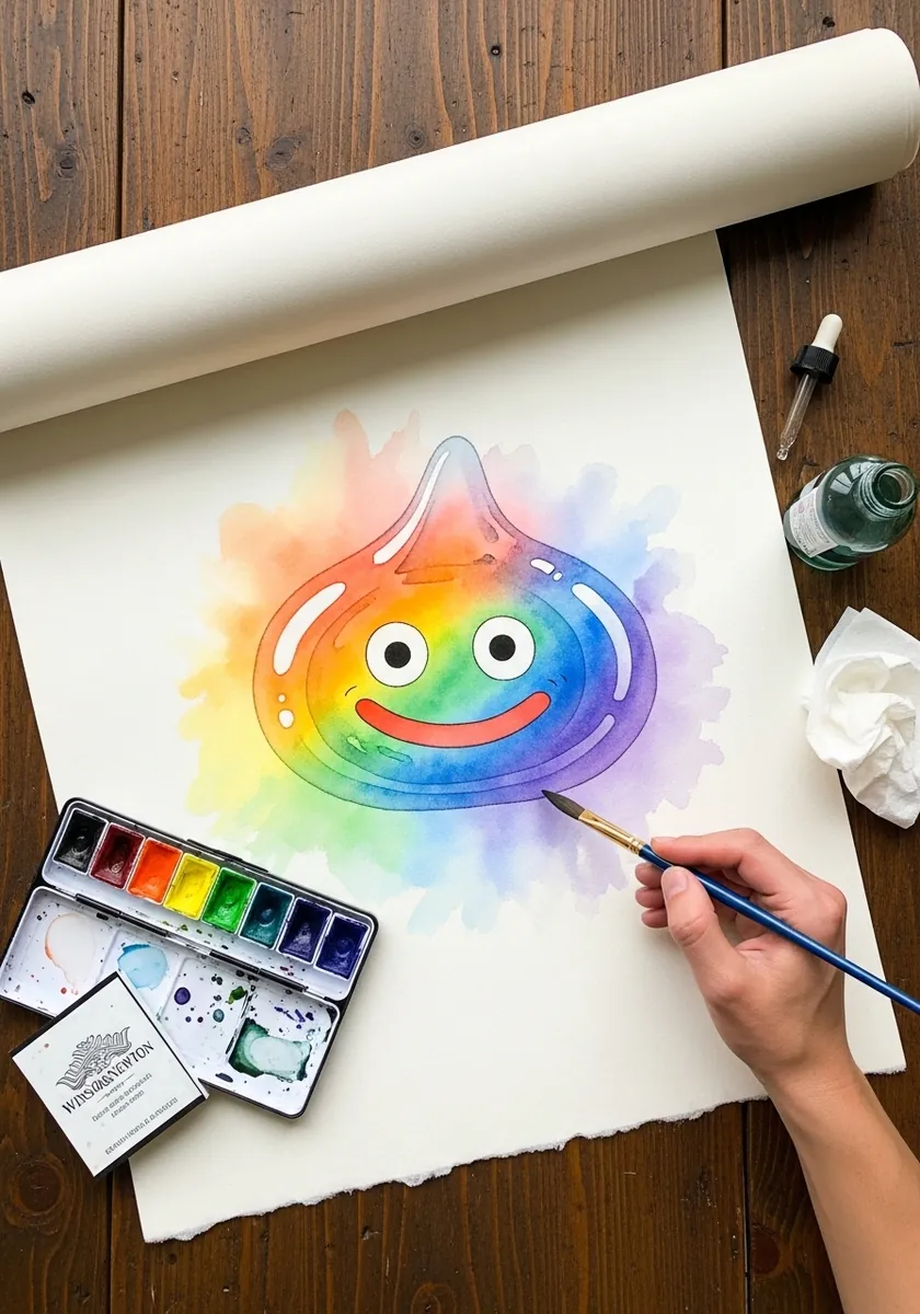 Soft pale watercolor slime with a gentle smile and diluted rainbow colors