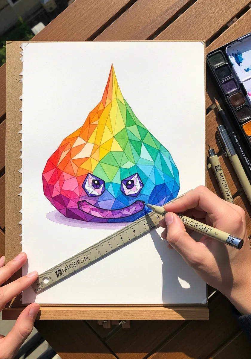 Rainbow slime built from flat triangular facets like a low poly render
