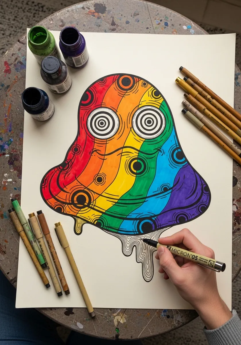 Rainbow slime filled with repeating concentric circle motifs drawn in ink