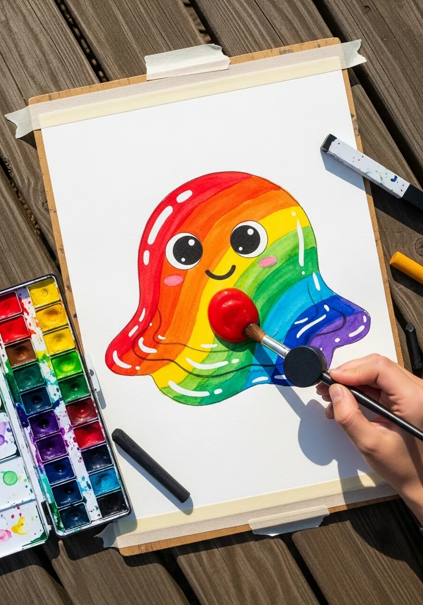 Bright rainbow slime with a thick black outline, glossy shine and a red nose