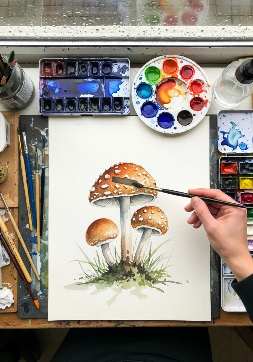 Watercolor red mushrooms growing among green grass blades with soft shadows