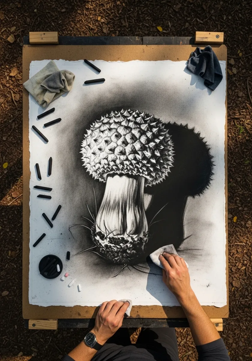 Dramatic charcoal drawing of a shaggy scaly mushroom against a dark background