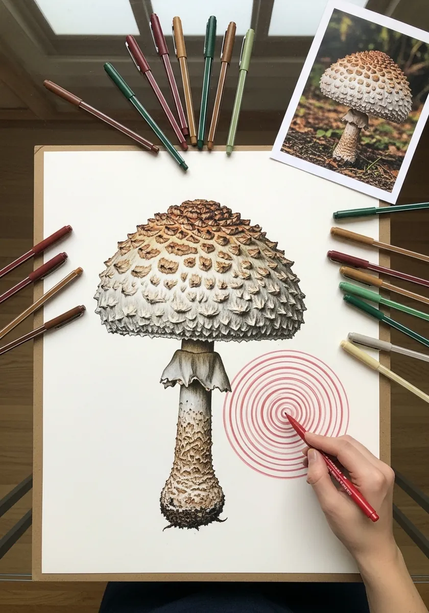 Detailed colored pencil parasol mushroom with a scaly brown cap and long stem