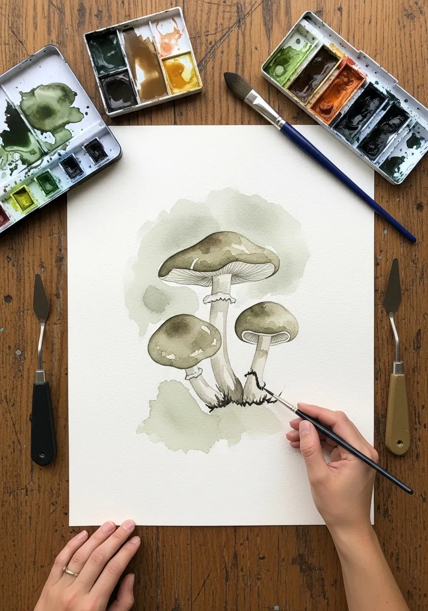 Soft watercolor cluster of grey green mushrooms in a limited muted palette
