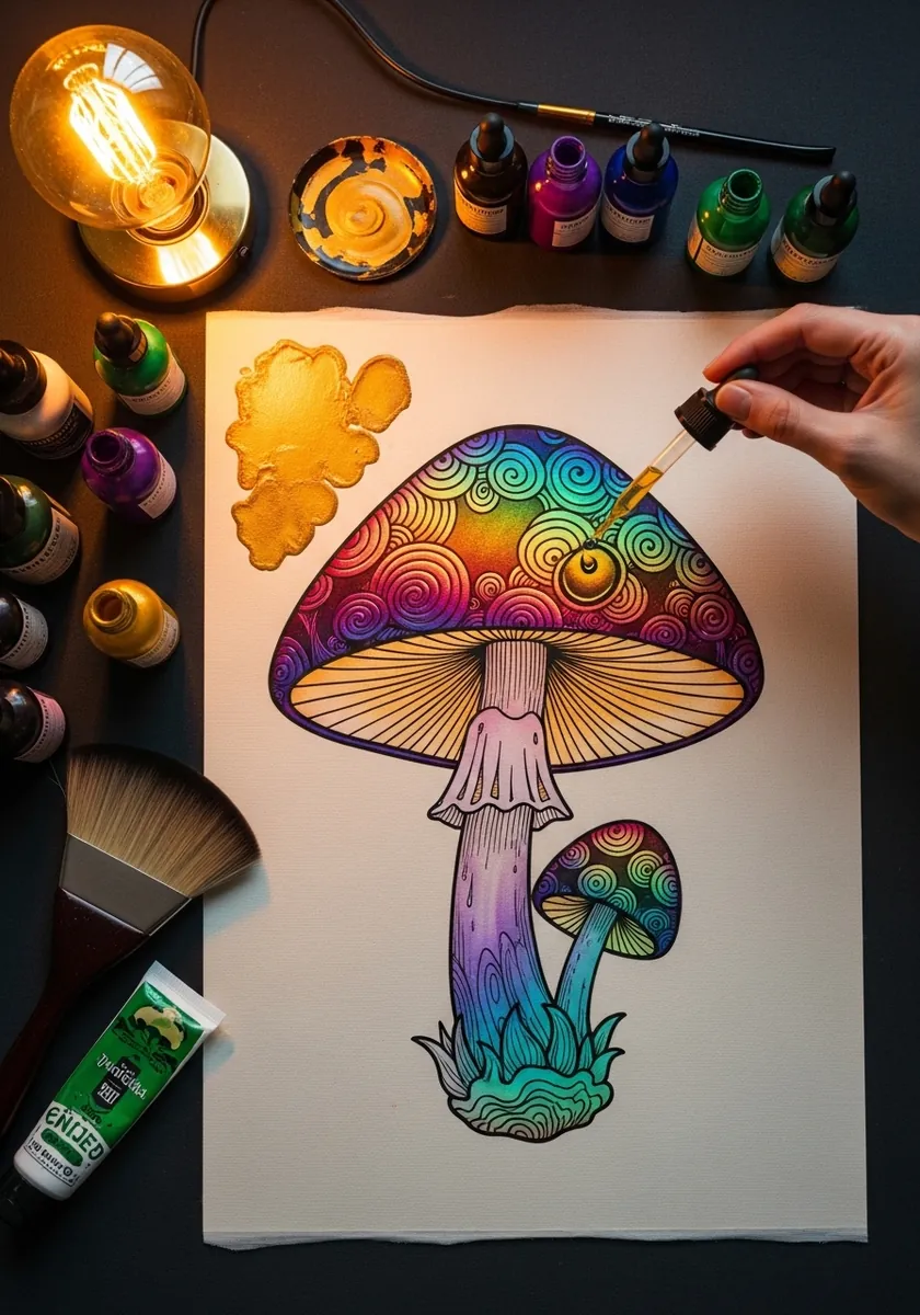 Vivid rainbow psychedelic mushroom with swirling patterns drawn in bright marker