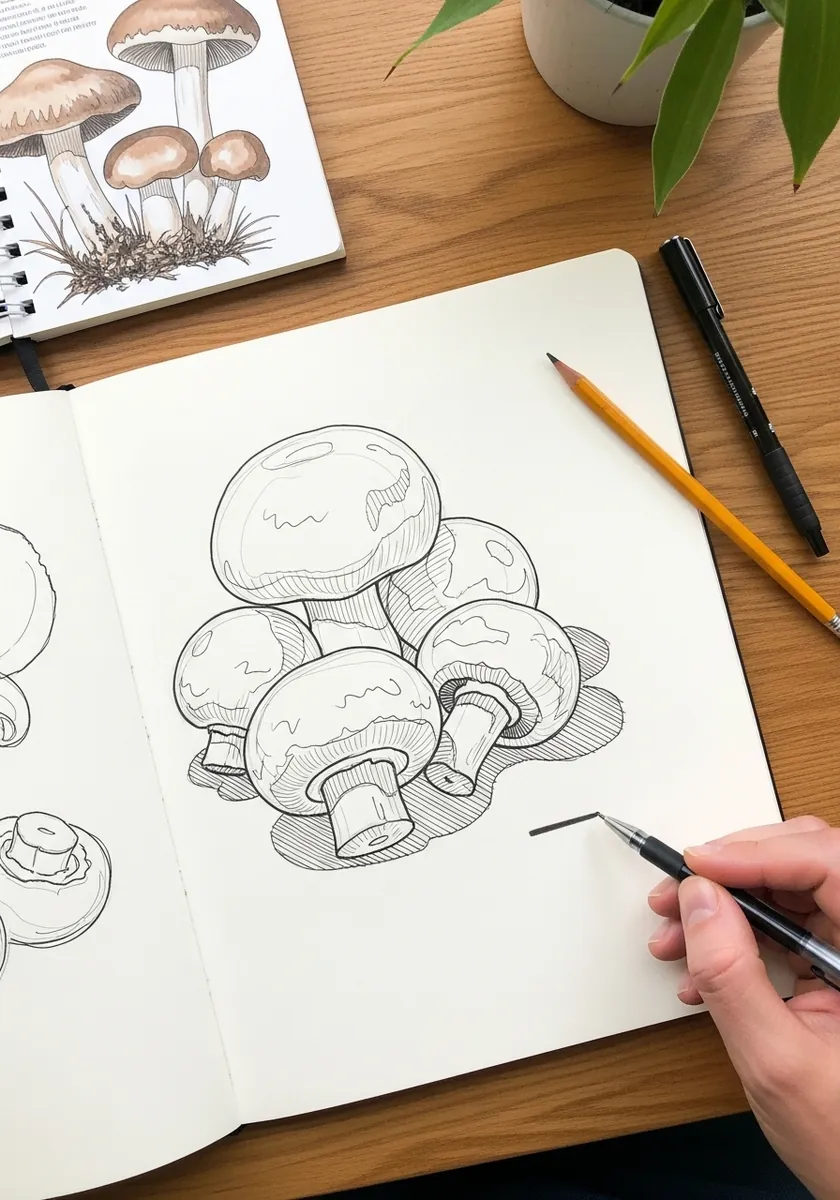 Pencil sketchbook page with several common button mushrooms drawn from life
