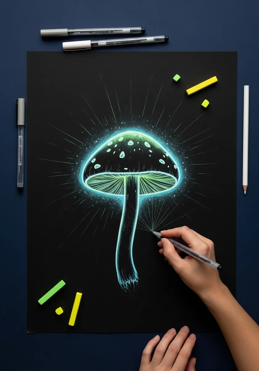 Bioluminescent teal mushroom glowing softly against black paper with fine lines