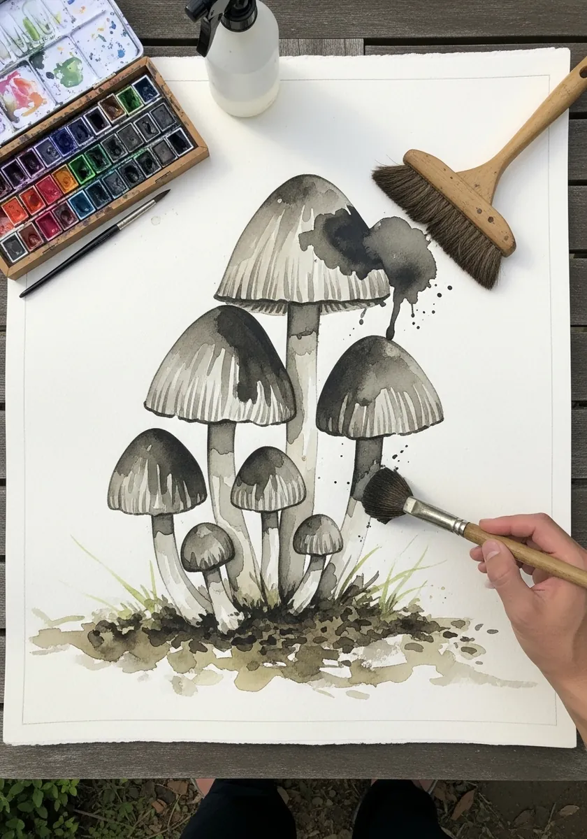 Grey ink wash mushroom cluster with loose splattered marks around the base