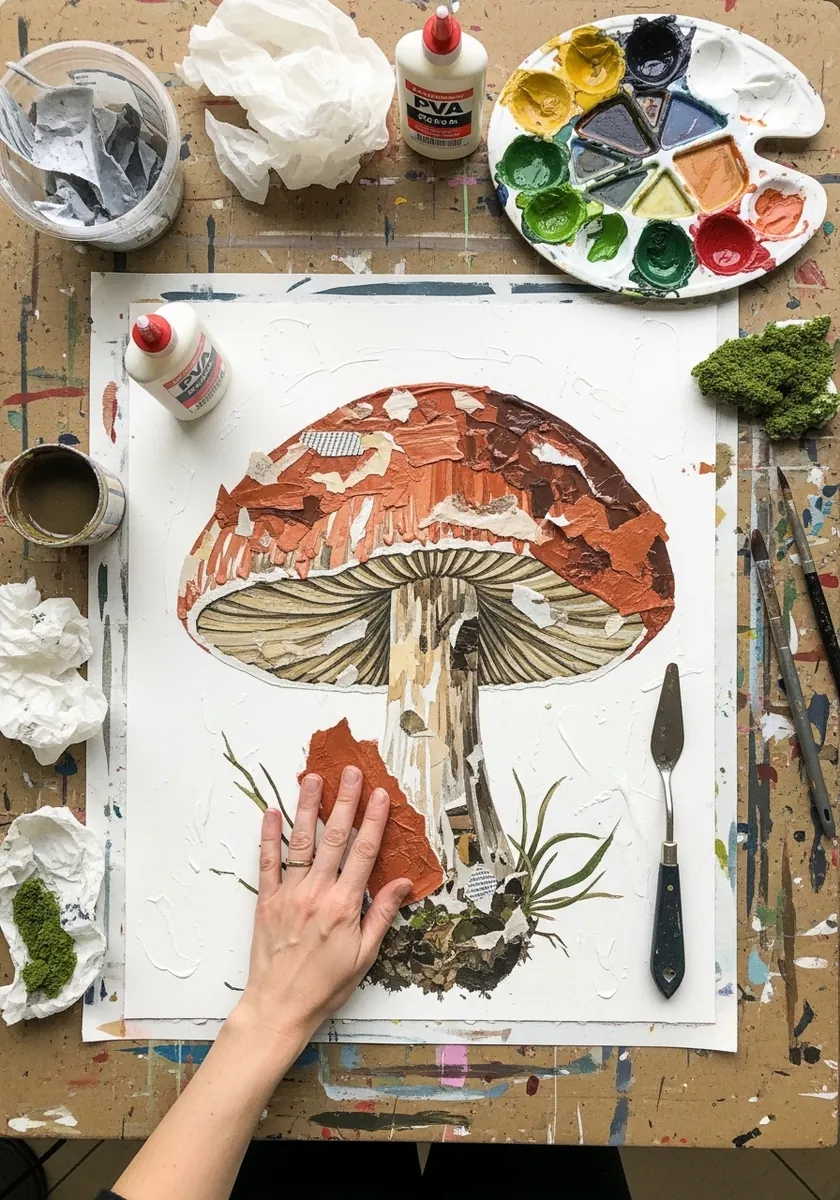 Textured mixed media mushroom with real moss and modeling paste on the surface