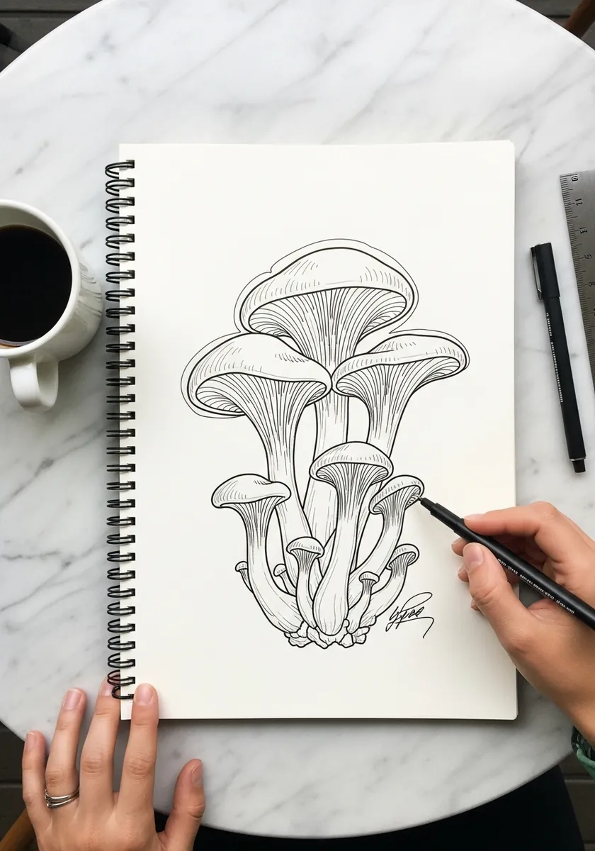 Fine ink cluster of layered oyster mushrooms drawn in a spiral bound sketchbook