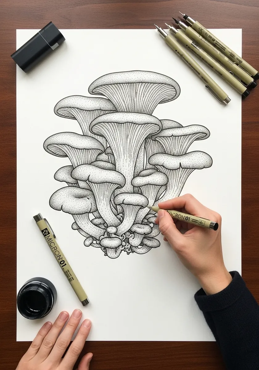 Fine black ink drawing of a cluster of oyster mushrooms with detailed gills