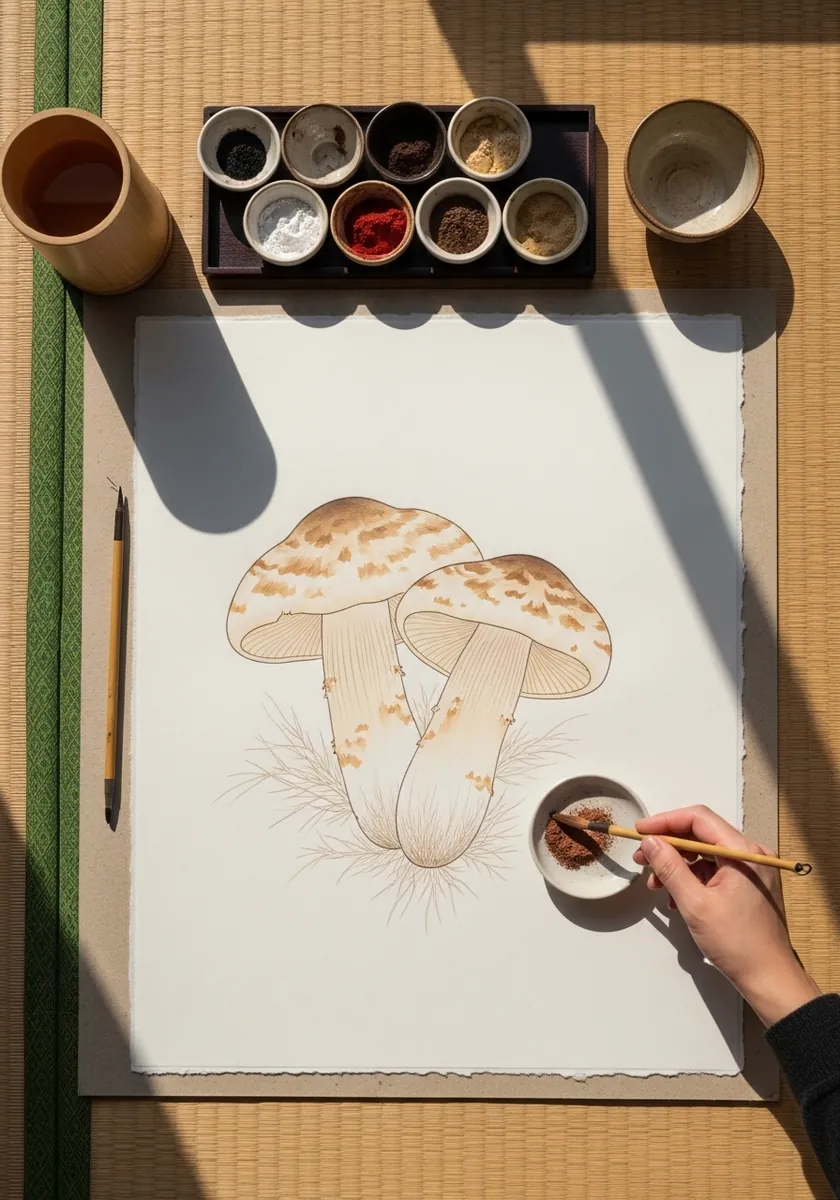 Softly toned pale mushrooms painted with diluted washes on warm cream paper