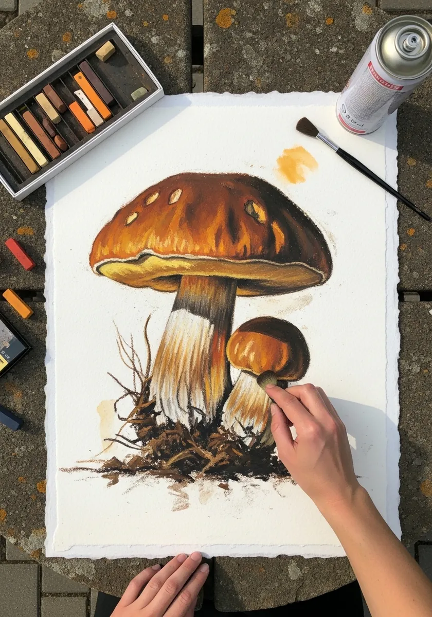 Rich brown bolete mushroom with soil and debris at the base on textured paper