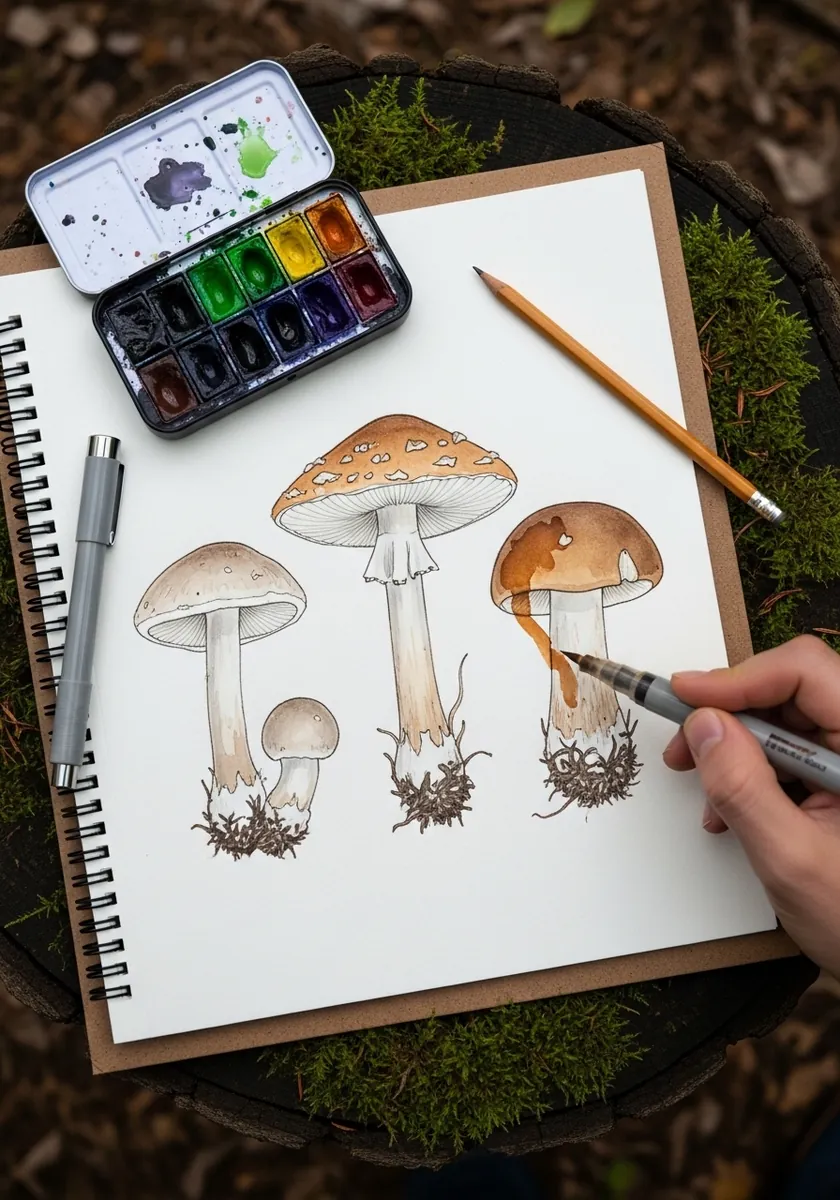 Ink sketchbook page of three mushrooms drawn with visible mycelium at the base