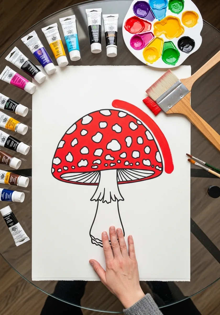 Bold flat graphic red fly agaric with white spots and a simple black outline