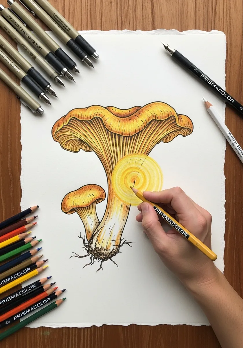 Warm golden chanterelle mushroom with a wavy cap edge in colored pencil