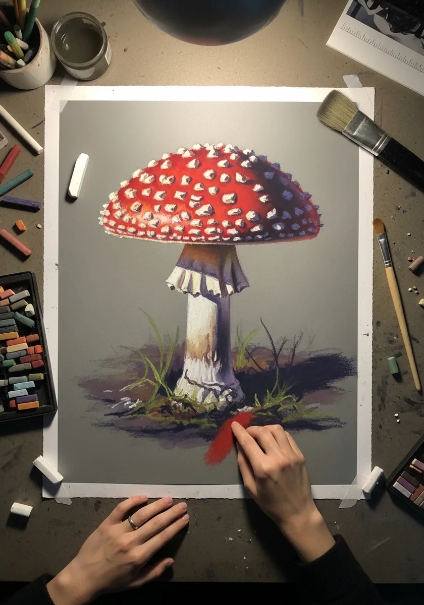 Dramatic red spotted mushroom painted against a dark grey atmospheric background