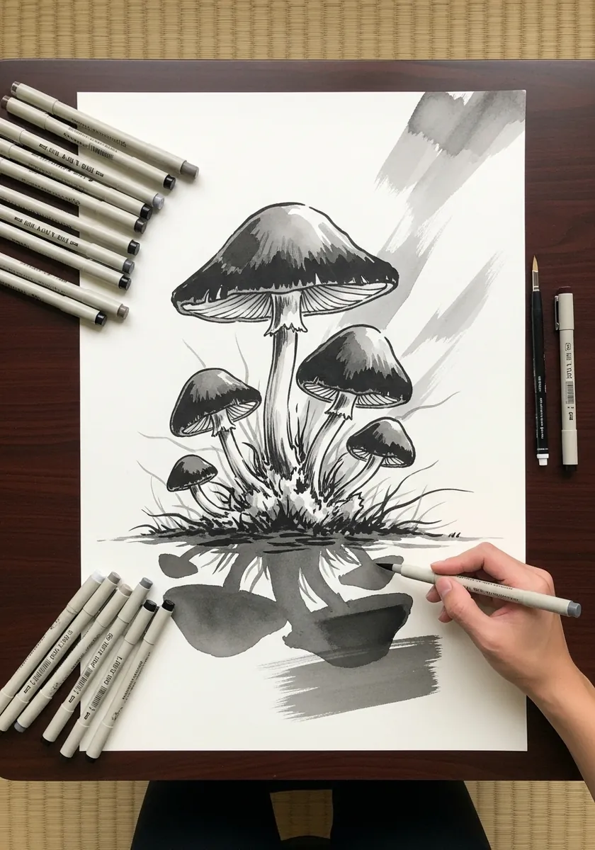 Black ink sumi-e mushrooms with soft grey wash and a few decisive brush strokes