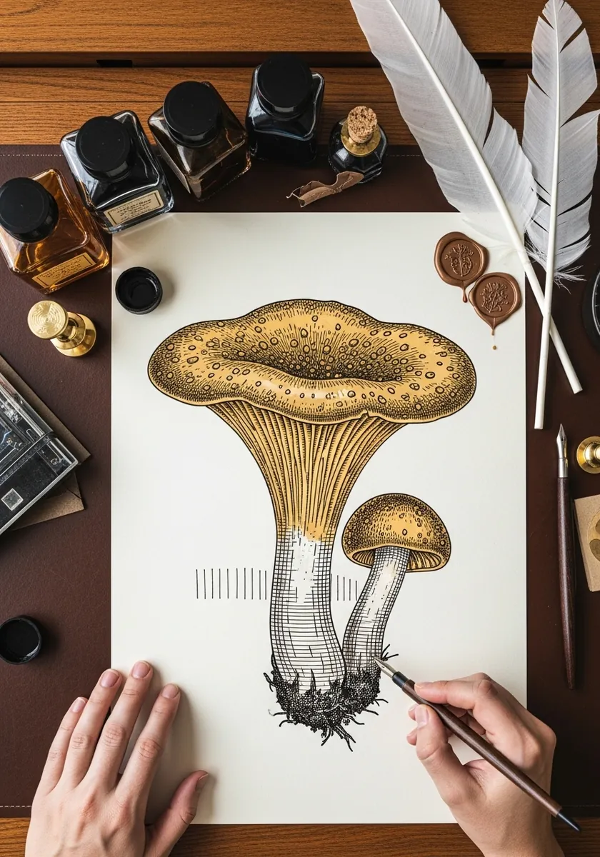 Detailed ink mushroom with gold accents and finely rendered radiating gills