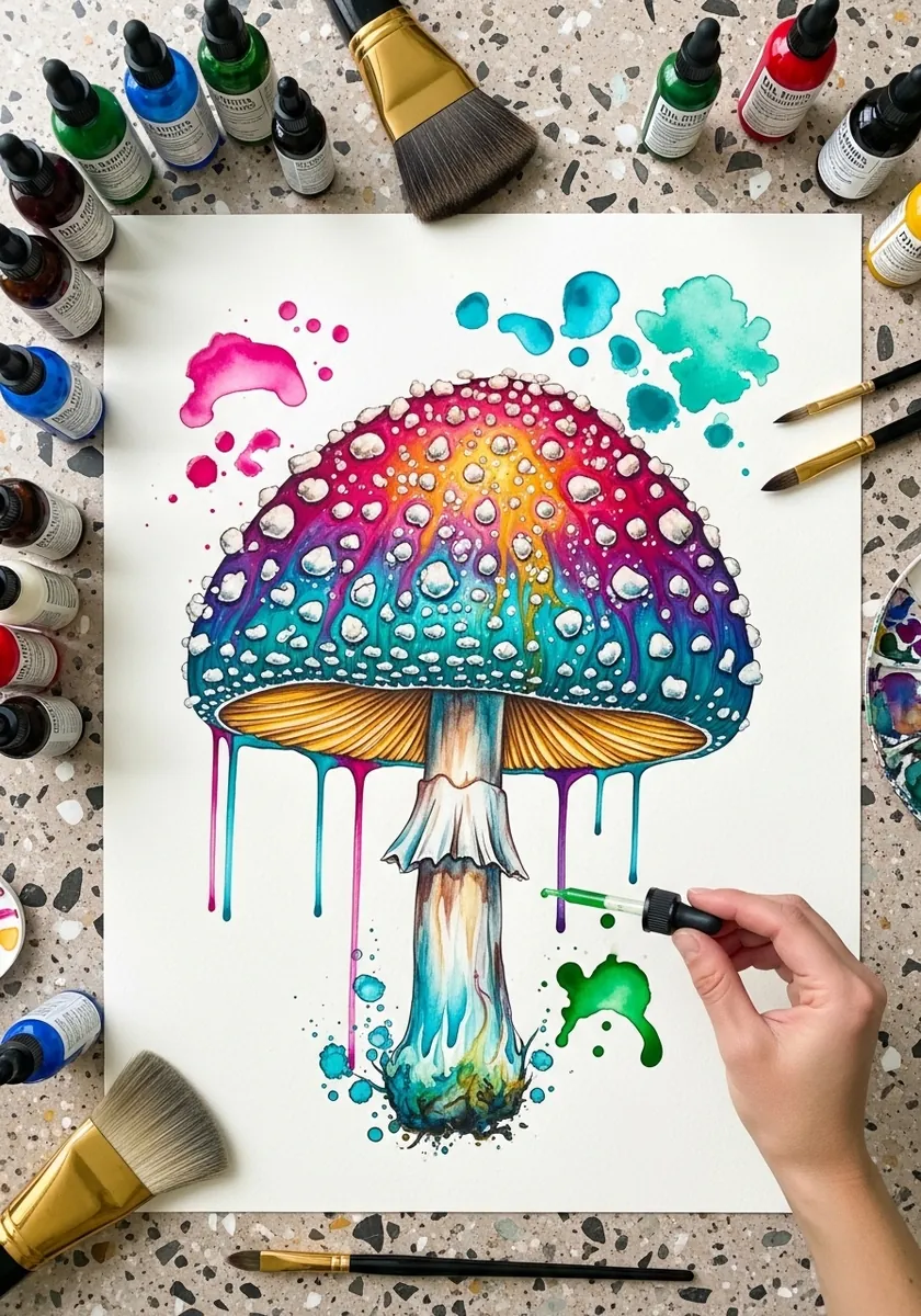 Vivid splattered watercolor mushroom with dripping colors and a spotted cap