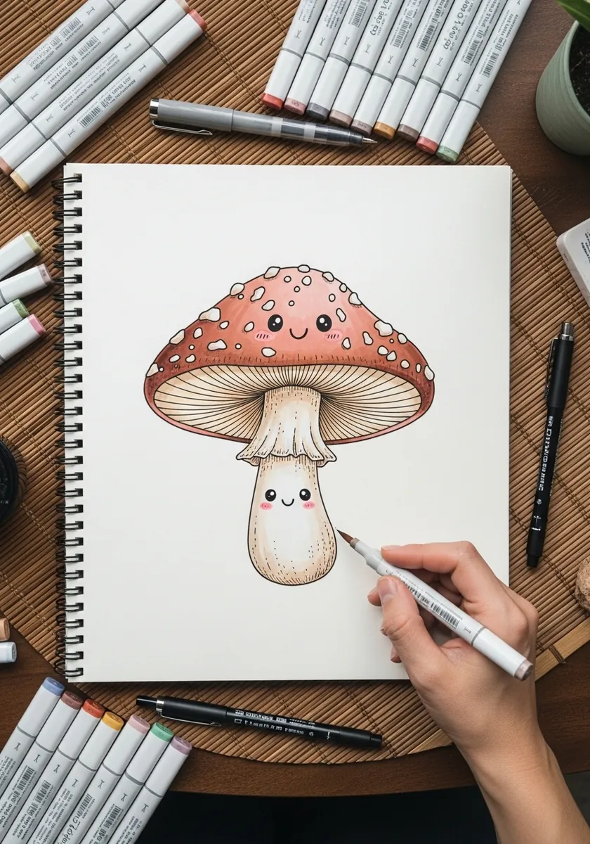 Cute marker mushroom with a smiling face and blush on a pale pink cap