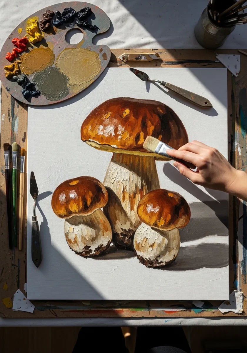 Painted brown capped porcini mushrooms with thick stems and visible brushwork