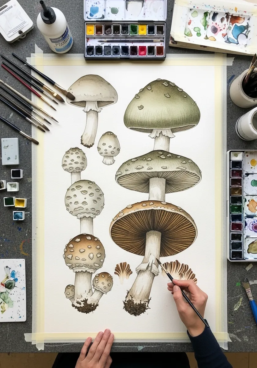 Botanical study sheet with many mushrooms arranged in rows with fine detail