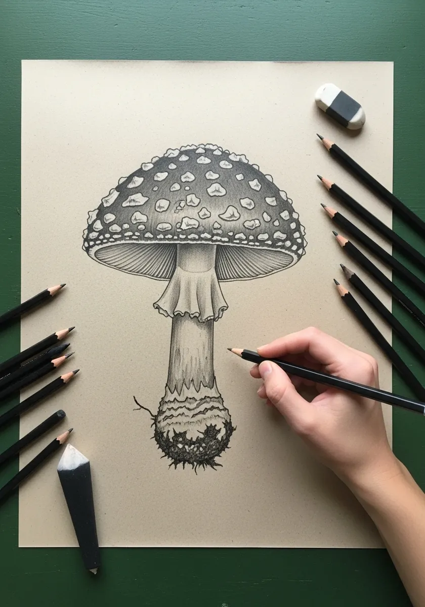 Detailed graphite fly agaric with a spotted cap and shaggy stem base on green paper