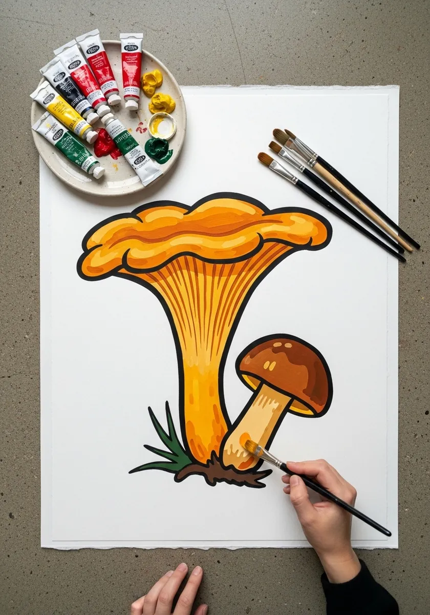 Bright orange chanterelle mushrooms drawn in marker with heavy black outlines