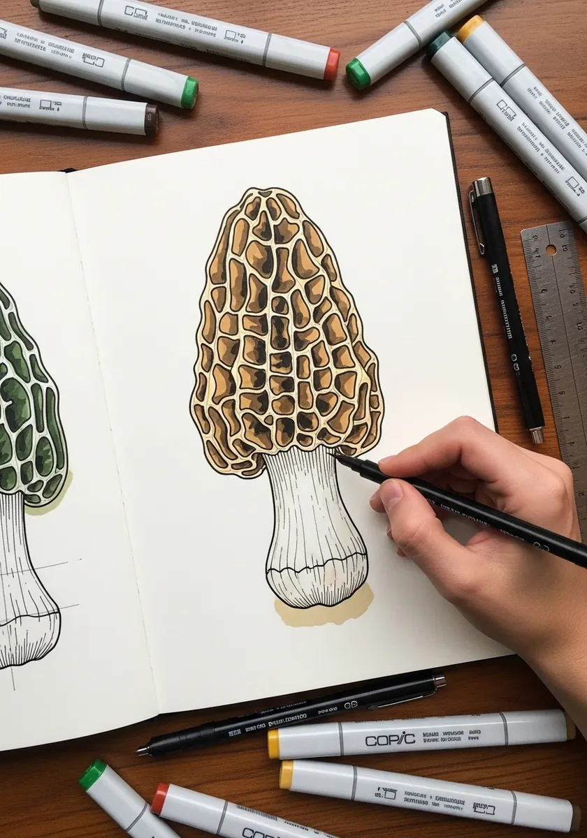 Marker drawing of a morel mushroom with a deeply pitted honeycomb cap
