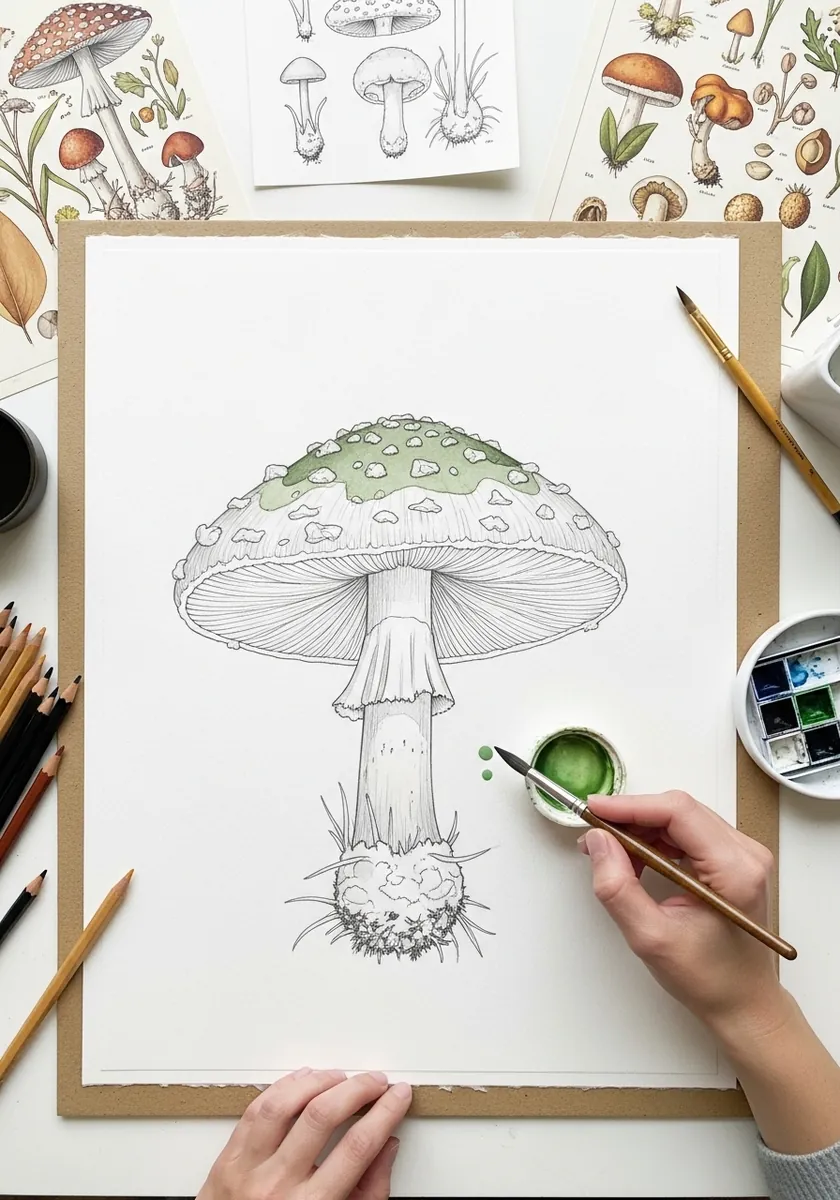 Pencil outlined mushroom with a pale green cap wash and a ringed stem