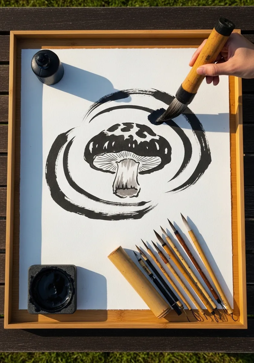 Minimal ink mushroom painted inside a single sweeping brush circle on white paper