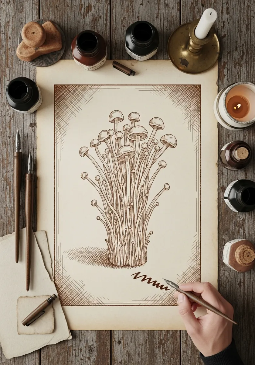 Sepia toned drawing of a tall cluster of thin enoki mushrooms with calligraphy